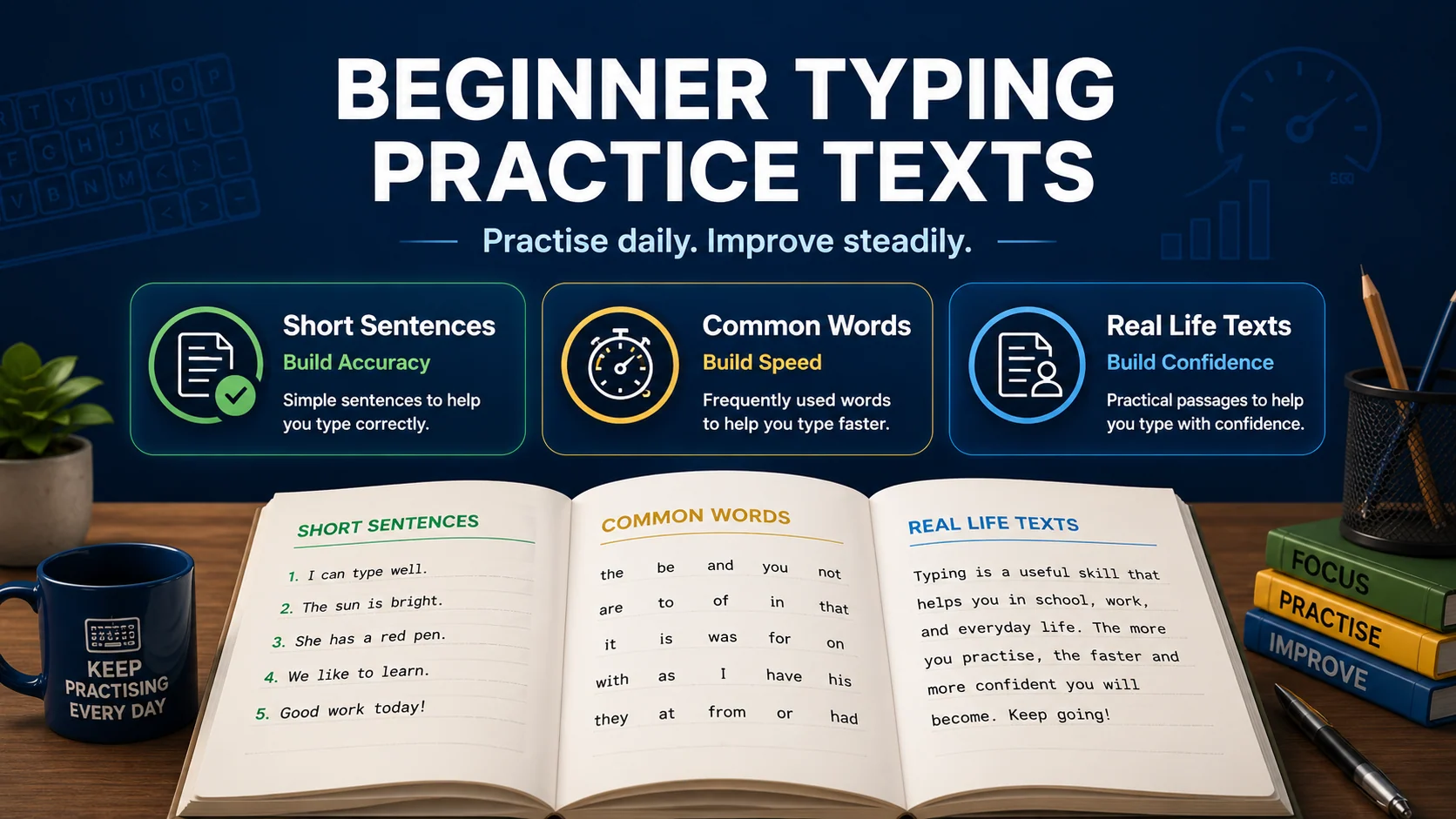 Beginner typing practice texts with short sentences, common words, real-life copy, accuracy drills, and office practice.