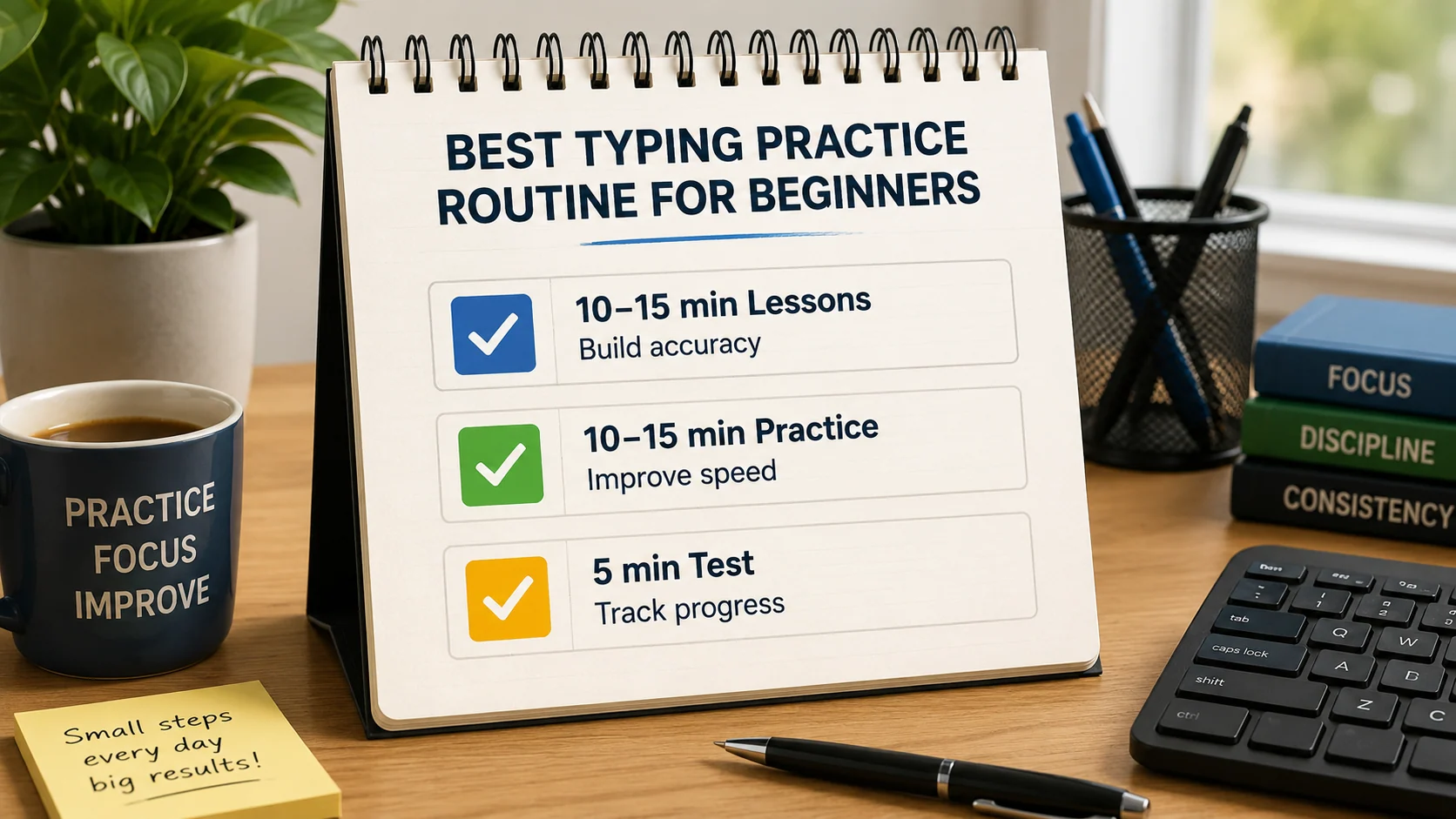 Daily typing practice plan with warm-up, lesson practice, weak-key drills, short typing test, and progress review.