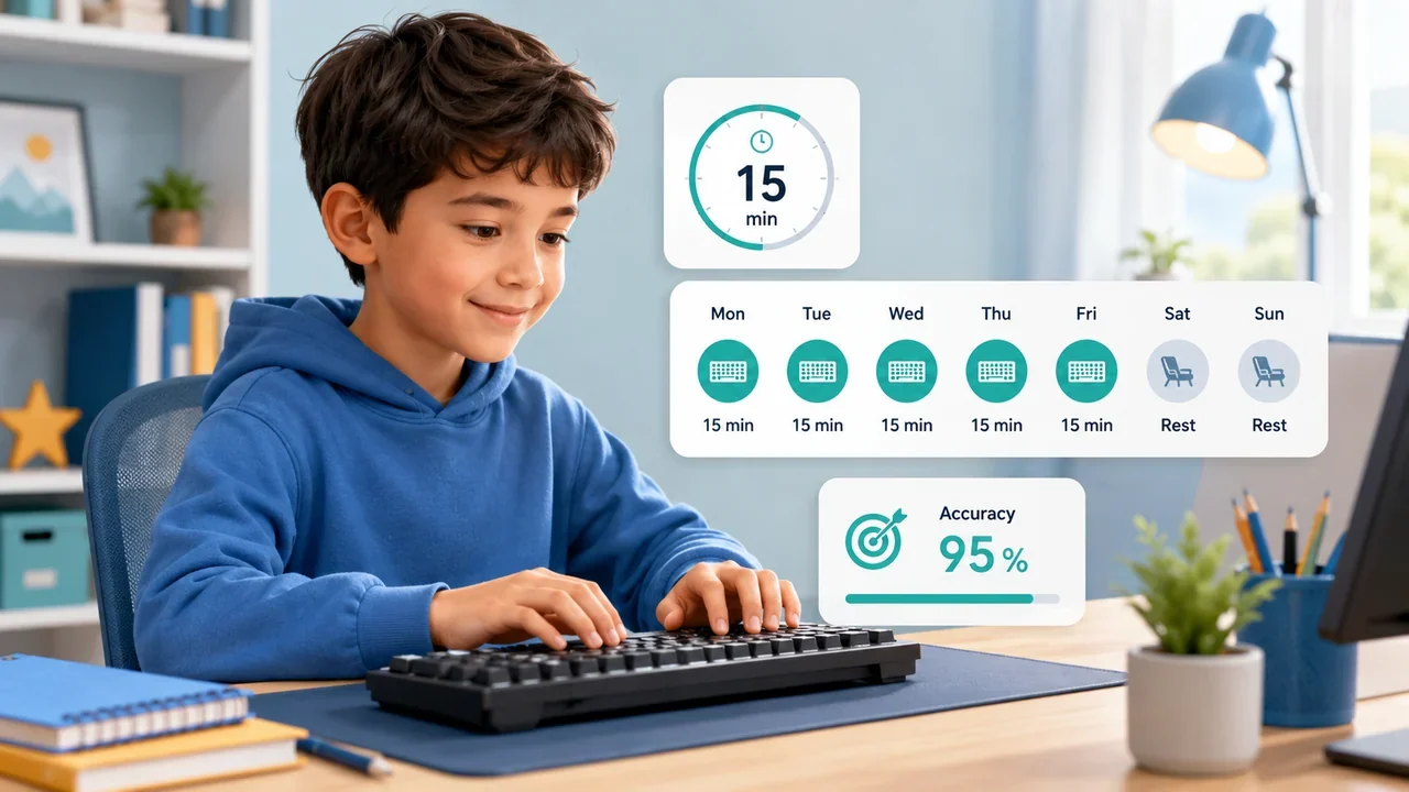 Child practising touch typing during a short focused session with a timer and progress display.