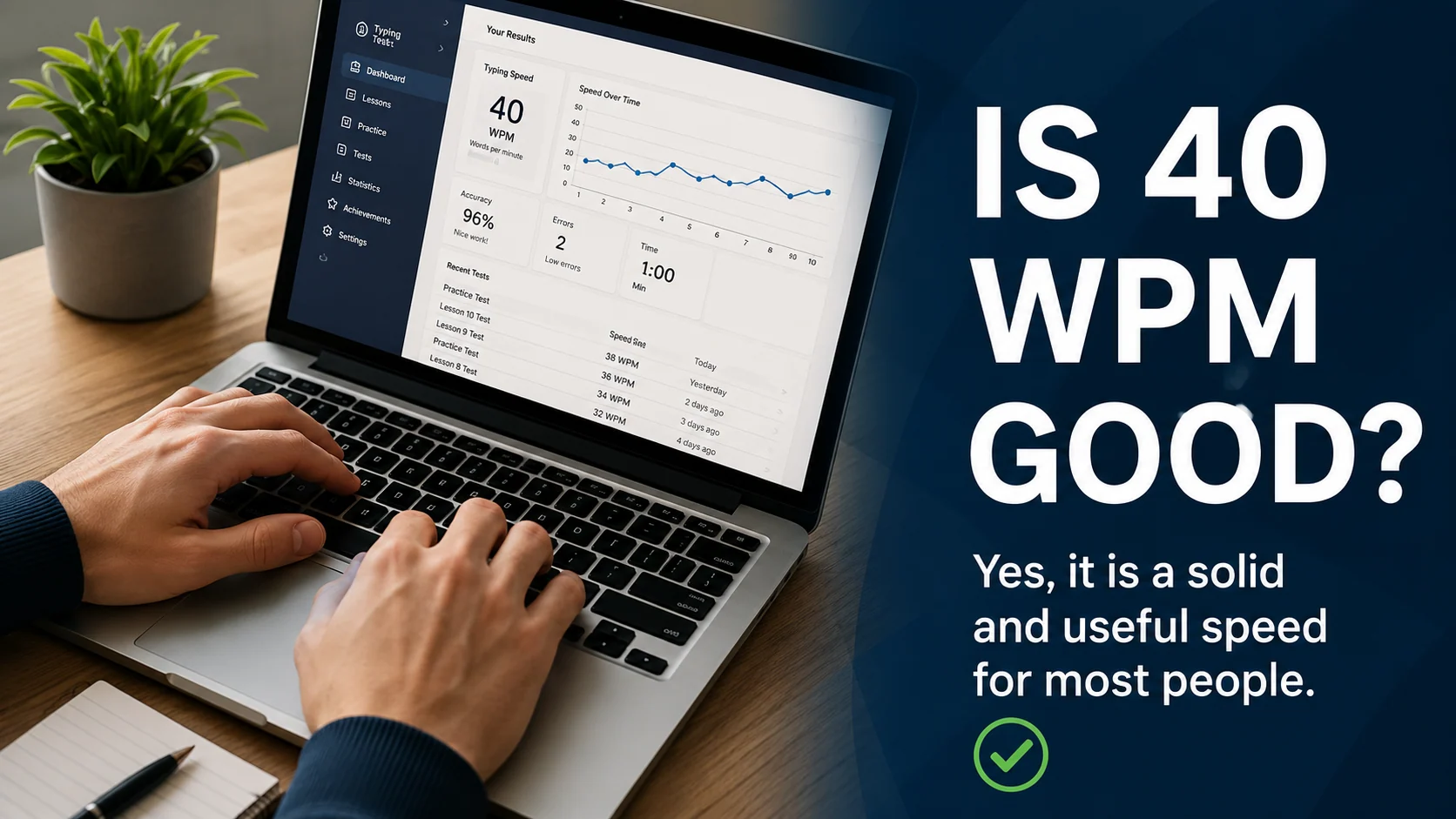 Laptop typing scene with text asking is 40 WPM good and showing a positive confirmation for everyday typing.