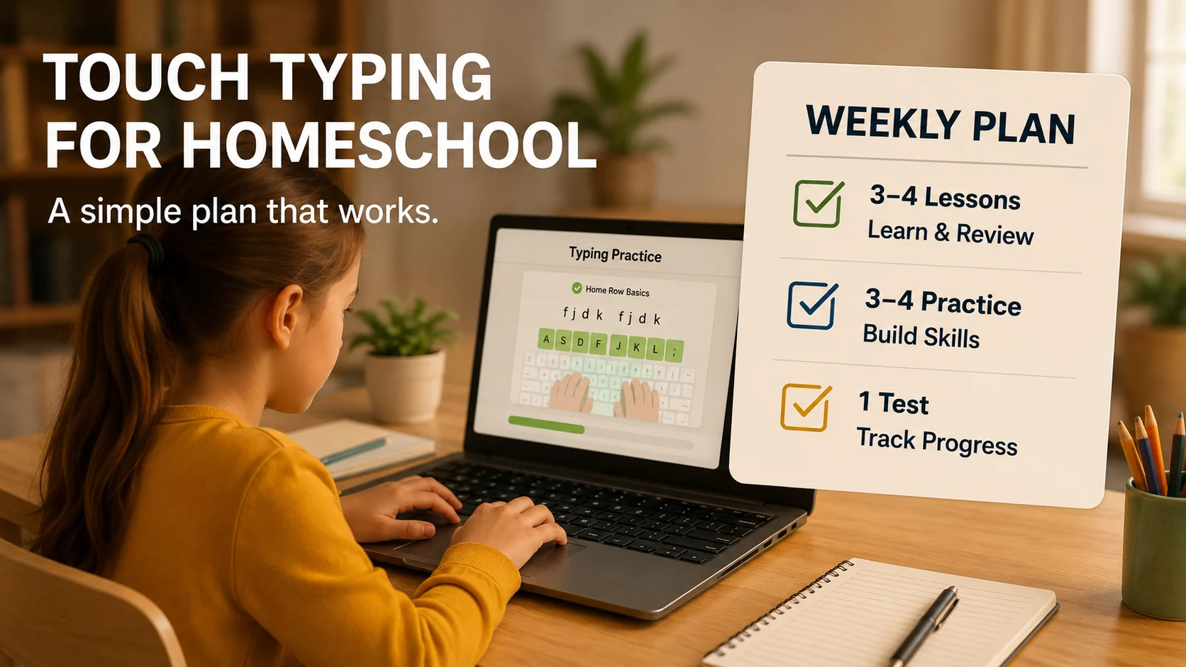 Homeschool touch typing weekly plan with short lessons, accuracy practice, weak-key review, games, and progress tracking.