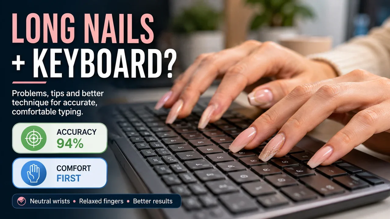 Person with long manicured nails typing carefully on a computer keyboard with guidance for accuracy and wrist position.