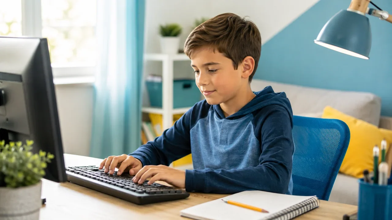 A 10-year-old child practising touch typing at a computer while tracking typing speed and accuracy.